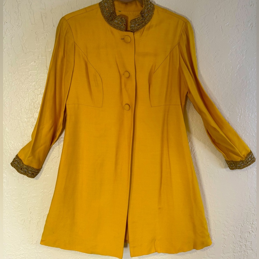 Vintage Yellow Long Jacket with Lamé Collar and Cuffs